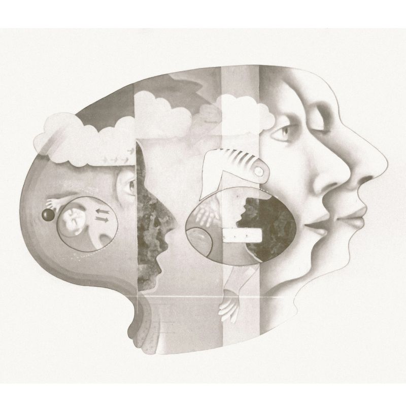 A black and white drawing of a head showing what's going on in the mind, thoughts, clouds, play, sight - it depicts that sometimes a moment arrives and if we are lucky we have an awareness of how much our inner world has been running the show